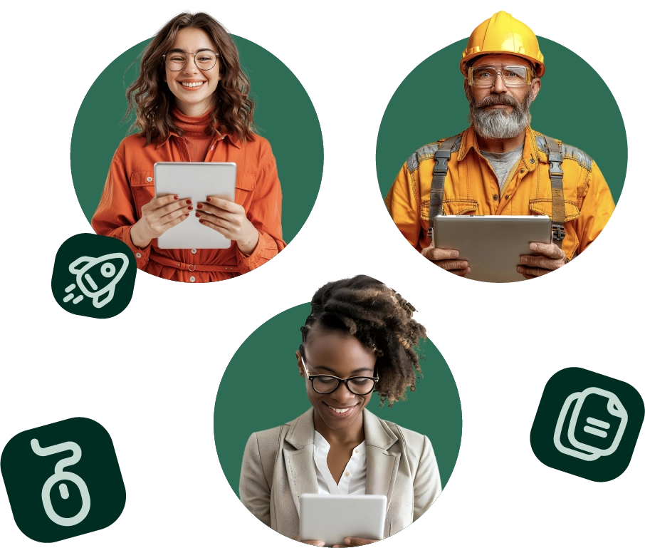 workers holding a tablet and smiling