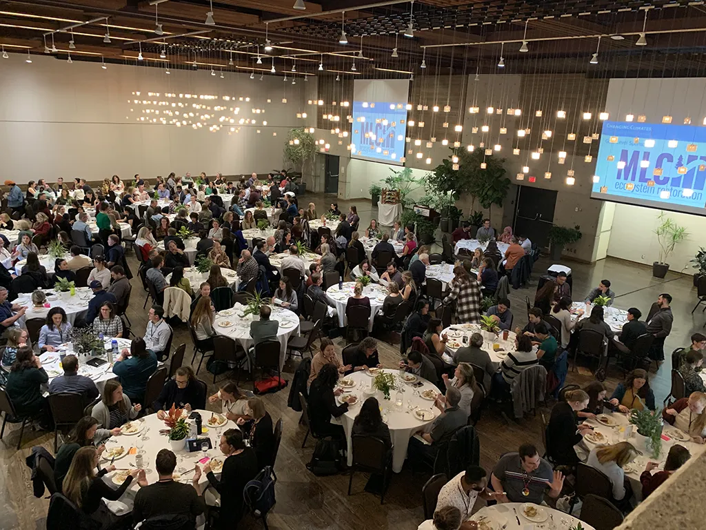 People enjoying dinner in a ballroom