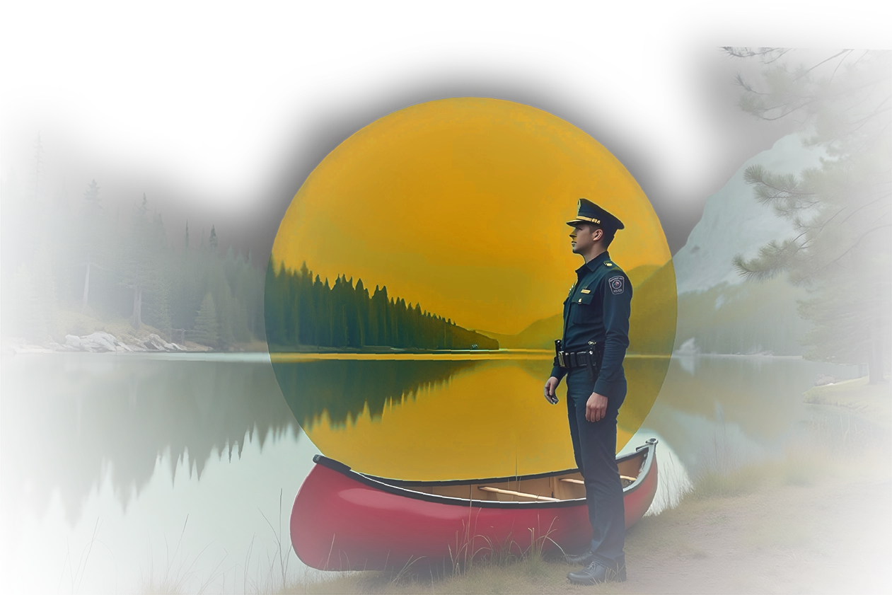 An officer stands at attention beside a canoe at a lake